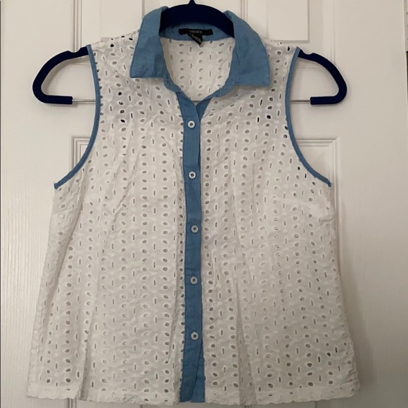 White Button-Down Lace Shirt with Denim Collar - Picture 1 of 2